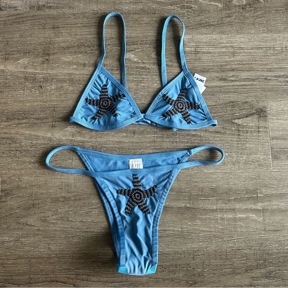 Blue Beaded Bikini Set, Blue Metallic Bikini with beaded starfish design NEW